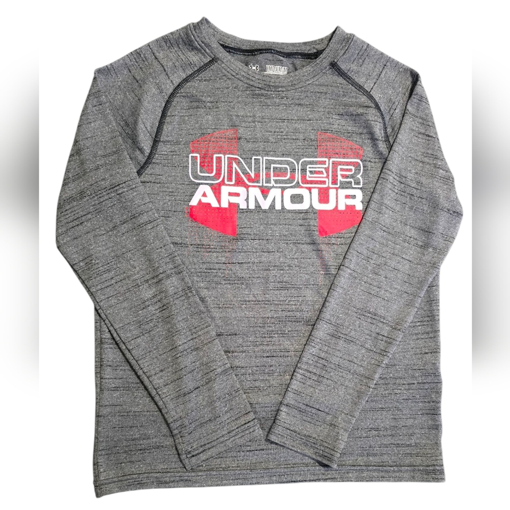 Under Armour Boys Heather Gray Long Sleeve with Red Logo
